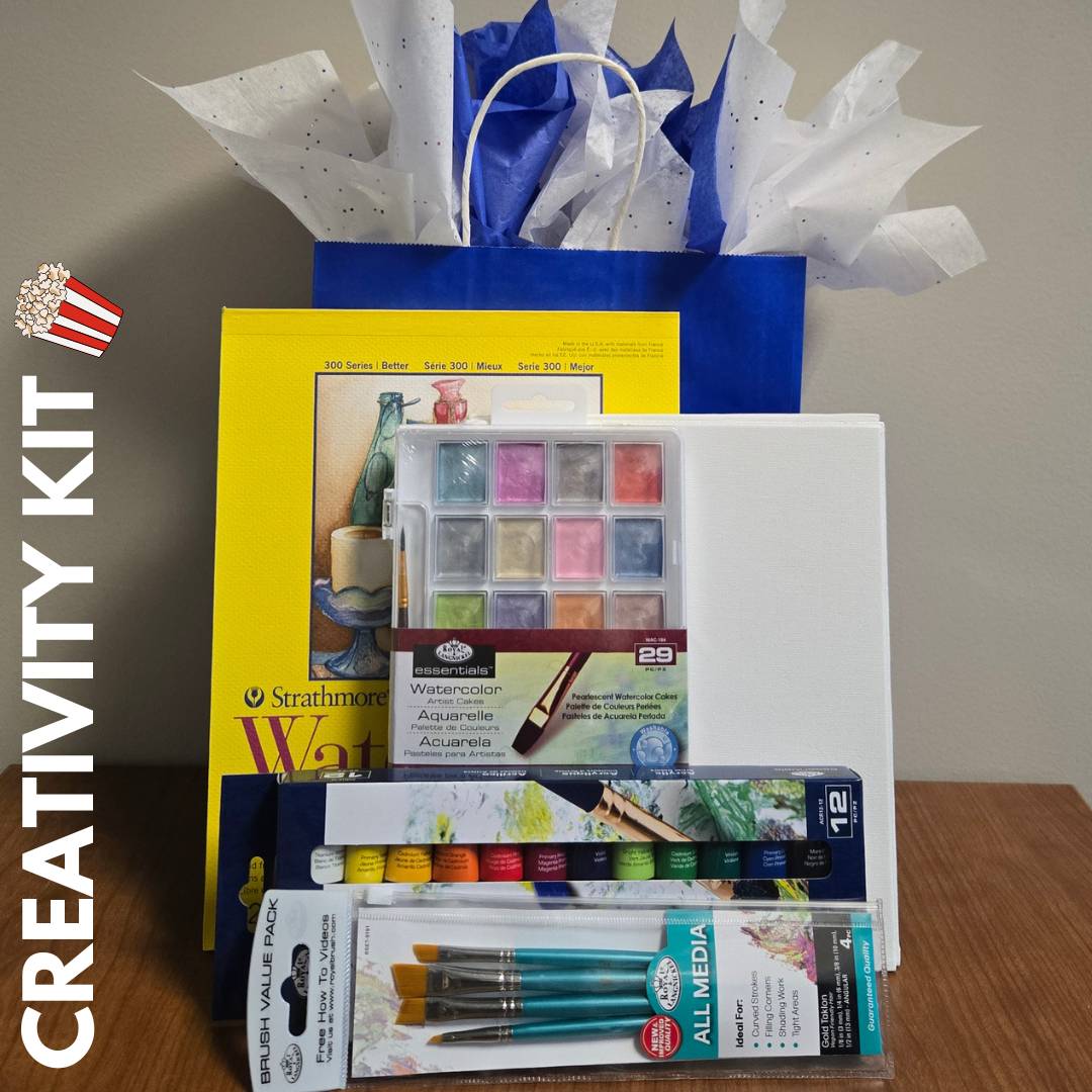 Paintbrushes, canvas, watercolor pad, watercolor paints, and acrylic paints